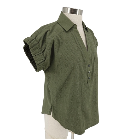 Veronica Beard Almera Shirt Olive Green Short Sleeve Collared Button VNeck Small - Picture 3 of 8